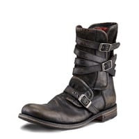 Round toe belt buckle side zipper thick heel casual men's short boots - Thumbnail 2
