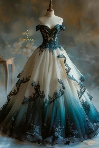 Gothic Wedding Dress, Dyed Blue Lace Appliques Bridal Dress Bridal Gown