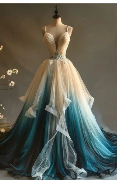 Gothic Wedding Dress, Dyed Blue Lace Appliques Bridal Dress Bridal Gown