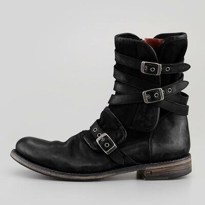 Round toe belt buckle side zipper thick heel casual men's short boots