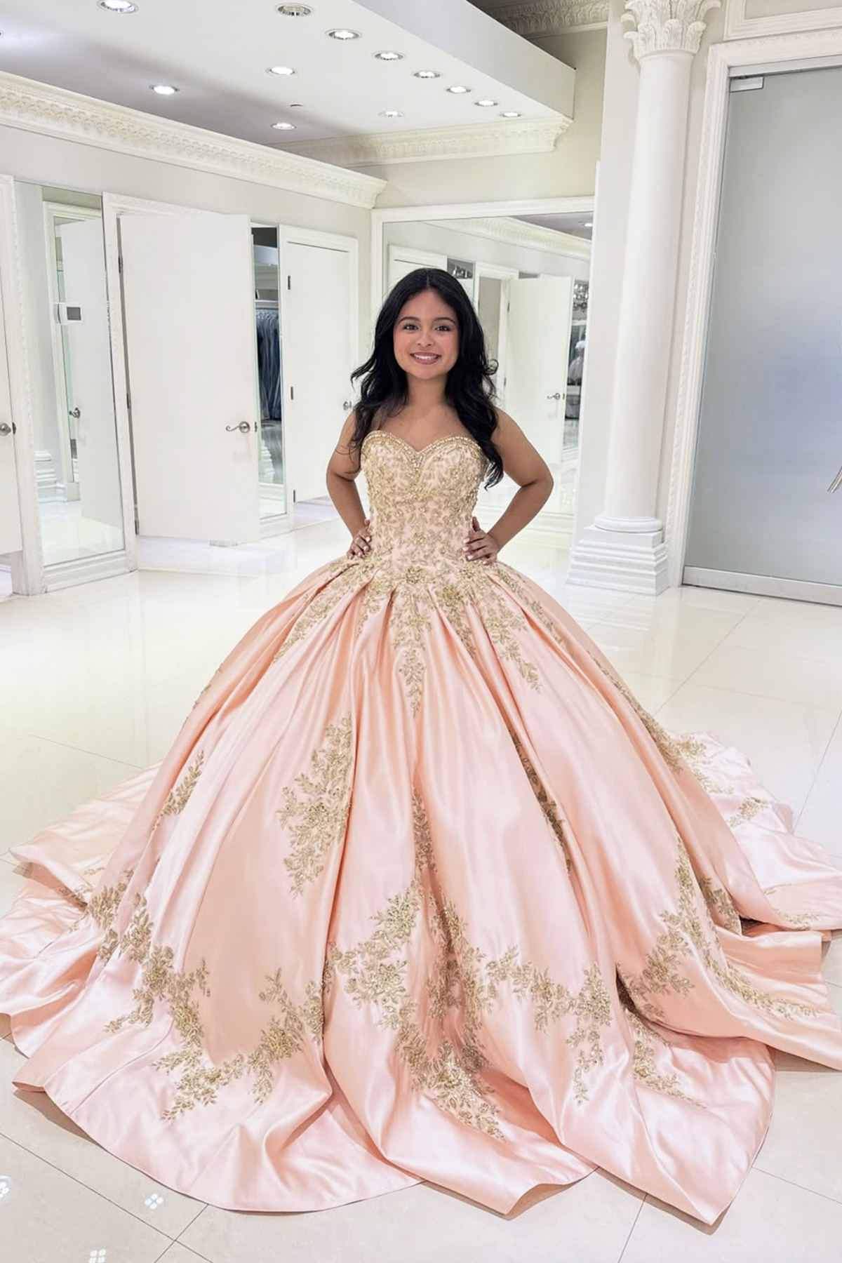 Pink Satin Lace Long Prom Dress, Beautiful Strapless Formal Sweet 16 Dress