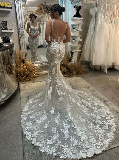 Sexy Mermaid Wedding Dress, Appliques Tulle Backless Bridal Dress Bridal Gown