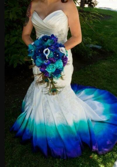 Plus Size Ombre Blue Mermaid Wedding Dress, Appliques Tulle Bridal Dress Bridal Gown