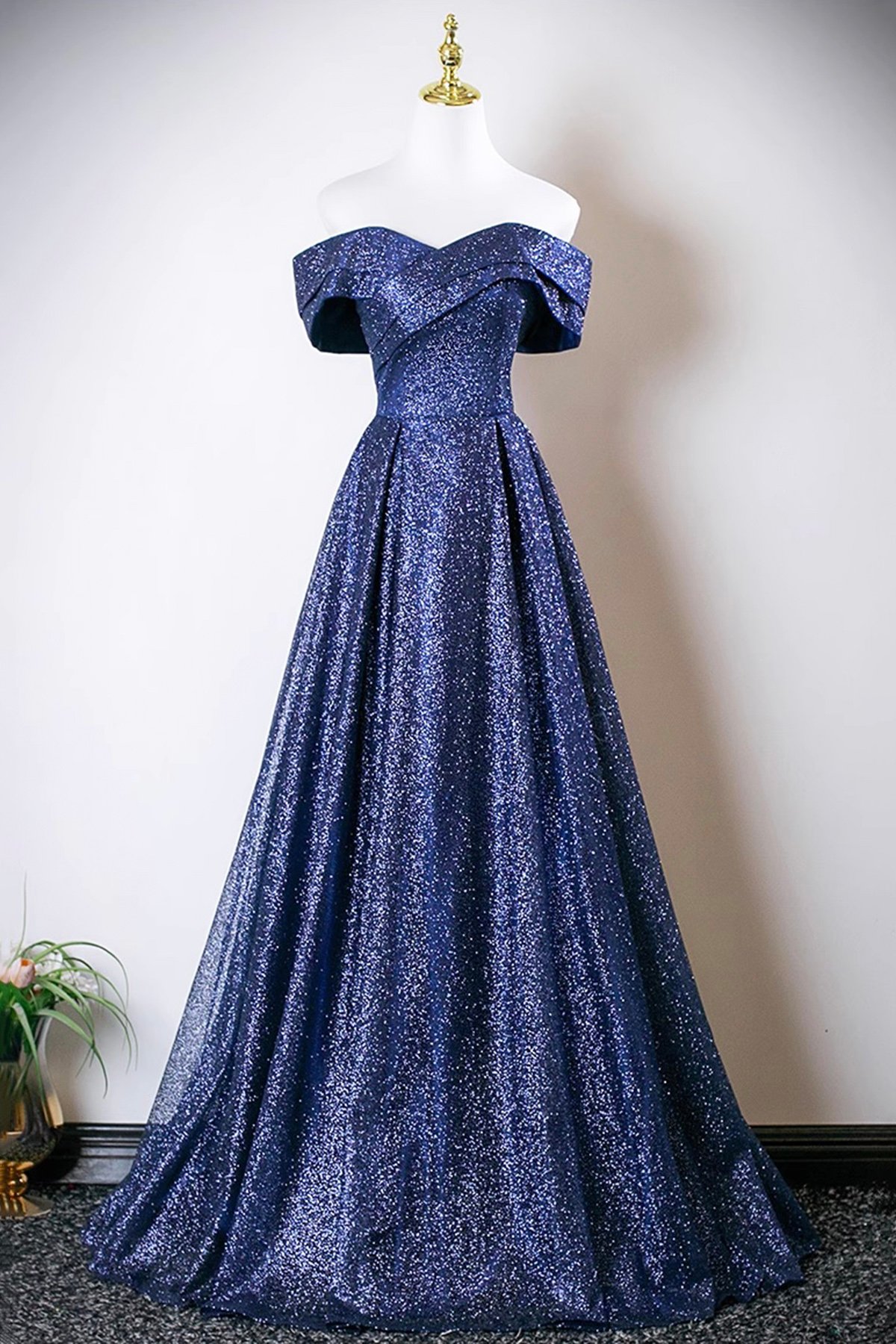 Blue Tulle Long Prom Dress, Off the Shoulder A-Line Party Dress
