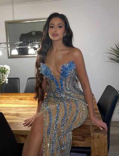 Gorgeous Sexy Beaded Slit Long Evening Dresses For Party