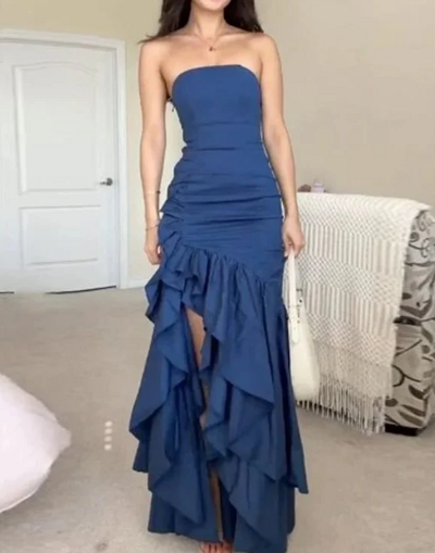 Irregular Strapless Trendy Pleated Ruffle Navy Blue Prom Dresses