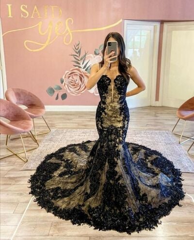 Gothic Wedding Dress, Black Mermaid Lace Appliques Bridal Dress Bridal Gown