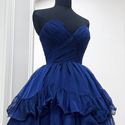 Navy blue chiffon short prom dress, a-line sweetheart neck party dress - Thumbnail 1
