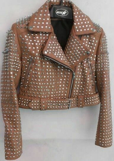 Crafted Leather Women's Brown Genuine Cowhide Leather Silver Studded Brando Style Belted Jacket