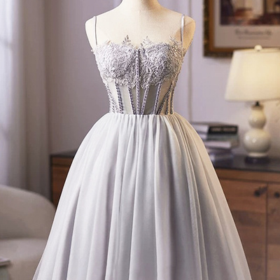 Gray tulle lace short prom dress, a-line evening party dress - Thumbnail 1