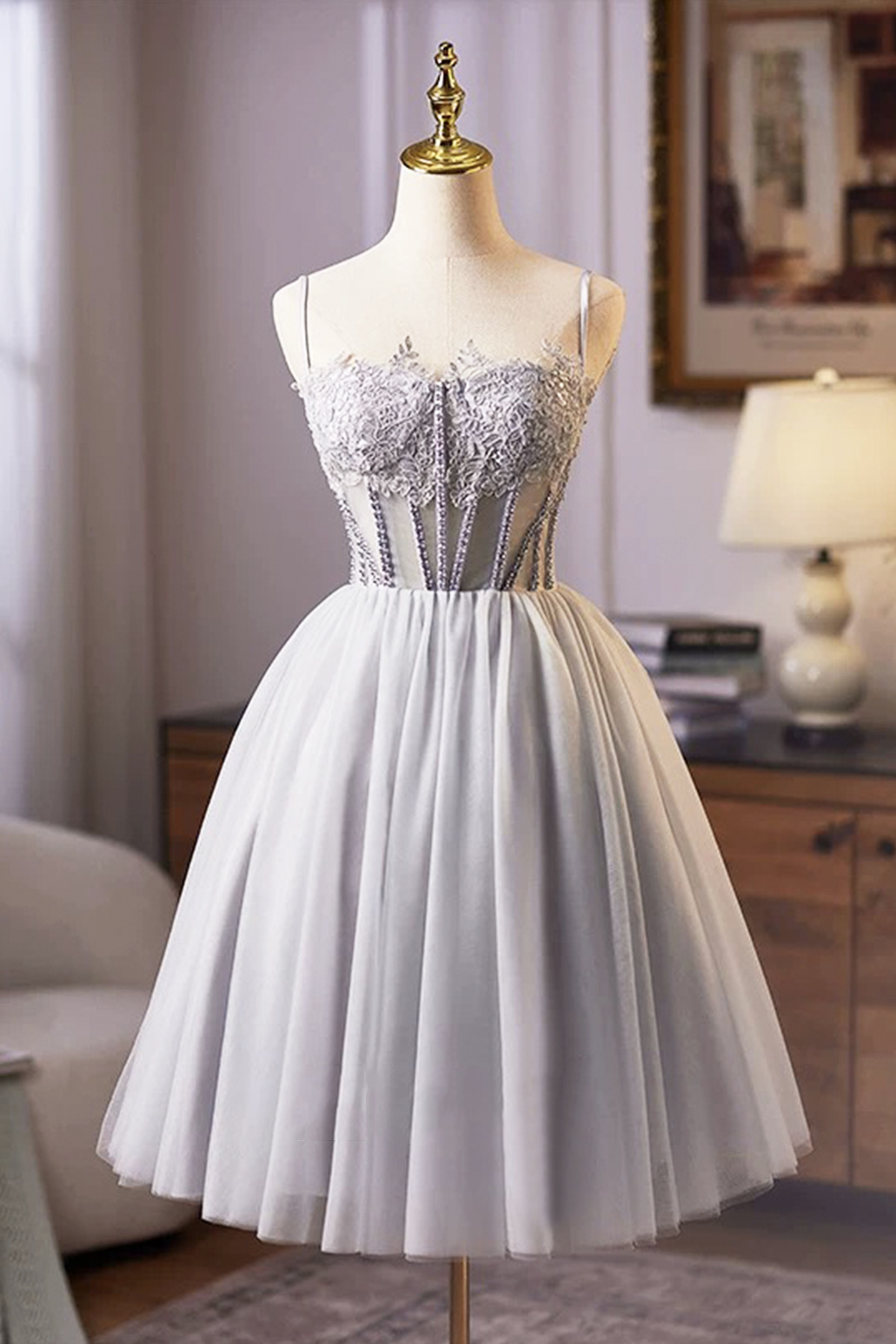 Gray Tulle Lace Short Prom Dress, A-Line Evening Party Dress