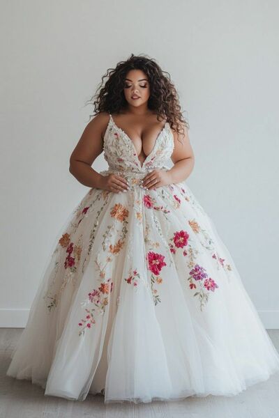 Plus Size Ball Gown Tulle Floral Wedding Dress Bridal Gowns