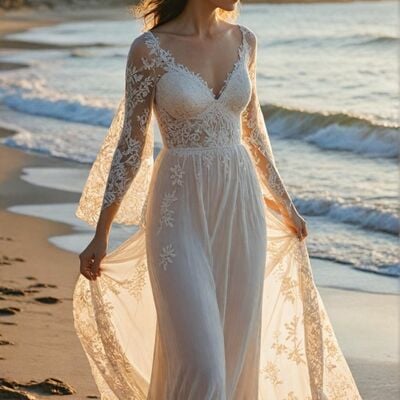 Beach boho wedding dress, mermaid lace bridal dress bridal gown - Thumbnail 2