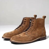 Men's boots genuine leather handmade suede martin brogue carved work boots - Thumbnail 1