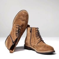 Men's boots genuine leather handmade suede martin brogue carved work boots - Thumbnail 4