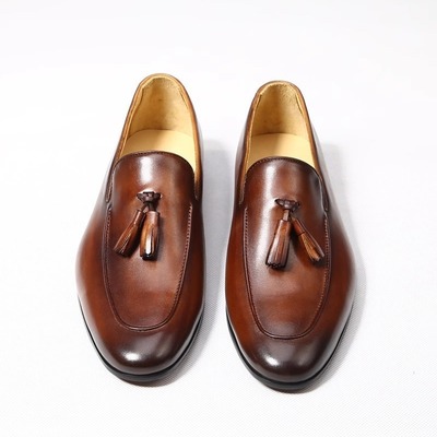 Handmade genuine leather loafers men's tassel leather shoes 2 colors