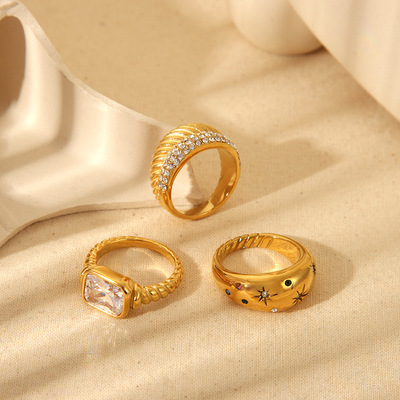 Light Star Diamond Double Layer Loop Ring – Pearl Inlay Irregular Hexagonal Star Design – Stainless Steel Geometric Ring, Sizes 6-8