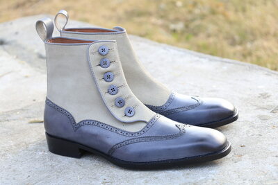 Crafted Leather Handmade Men Blue Leather Gray Suede Ankle High Button Boot
