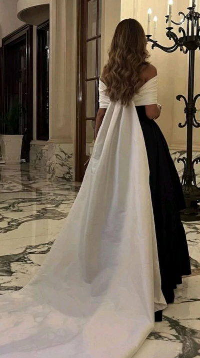 Luxury Black And White Satin Prom Dresses With Removable Tail