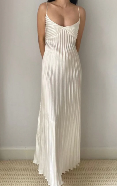 A-Line Spaghetti Straps Ivory Pleated Long Prom Dresses