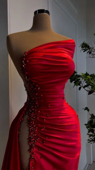 Sexy Red Satin Long High Slit Prom Dress With Beaded