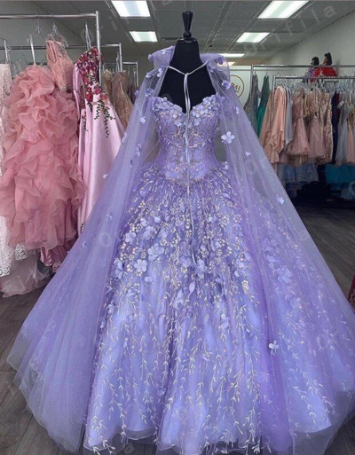 Ball Gown Purple Lace Prom Dresses With Cape