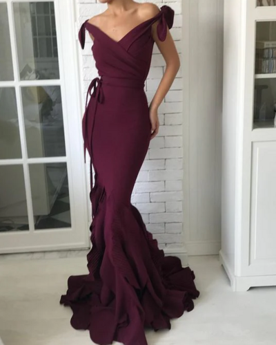 Off the shoulder wine red stain long prom dress