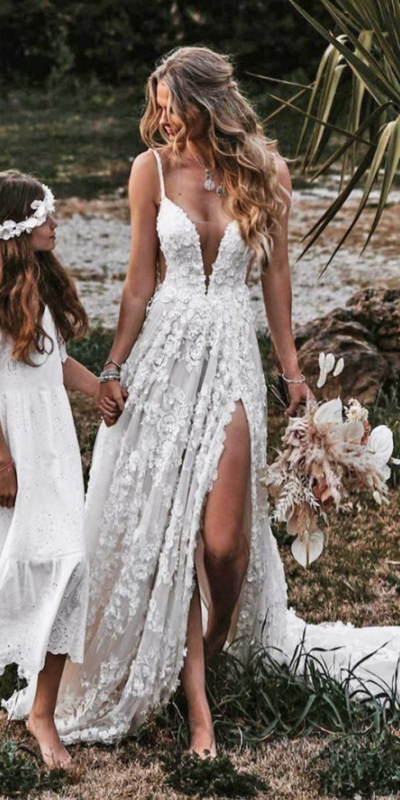 A-line Straps V Neck Lace Mermaid Prom Dress With Split