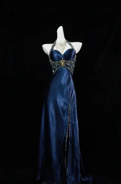 Vintage Halter Navy Blue Beaded Long Evening Dress
