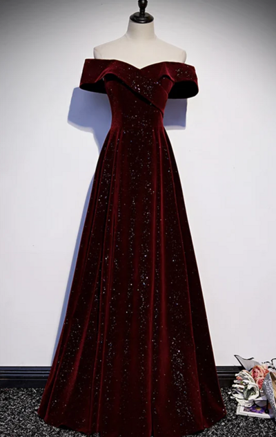 Off Shoulder Burgundy Velvet A Line Prom Dresses