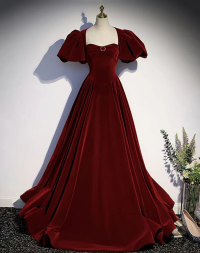 A Line Burgundy Velvet Open Back Prom Dress