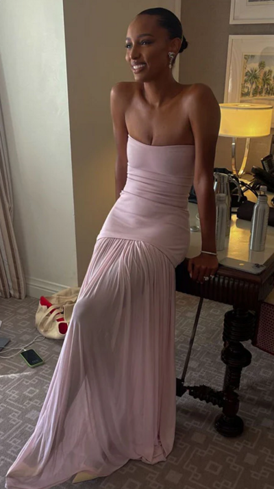 Modest Strapless Pink Long Prom Dresses Formal Graduation Dress