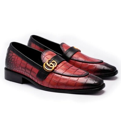Crafted Leather Handmade Men Red Crocodile Leather Dress Shoes