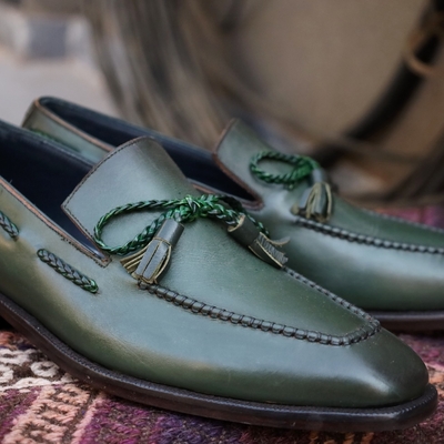 Crafted leather green leather tassel loafers dress shoes - Thumbnail 3