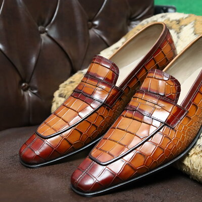 Crafted leather handmade men brown crocodile leather alligator moccasin loafers dress shoes - Thumbnail 3