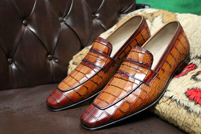 Crafted Leather Handmade Men Brown Crocodile Leather Alligator Moccasin Loafers Dress Shoes