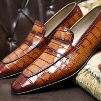 Crafted Leather Handmade Men Brown Crocodile Leather Alligator Moccasin Loafers Dress Shoes - Thumbnail 3