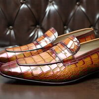 Crafted Leather Handmade Men Brown Crocodile Leather Alligator Moccasin Loafers Dress Shoes - Thumbnail 6