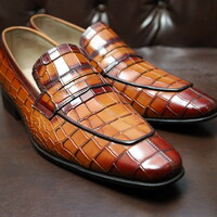 Crafted Leather Handmade Men Brown Crocodile Leather Alligator Moccasin Loafers Dress Shoes - Thumbnail 8