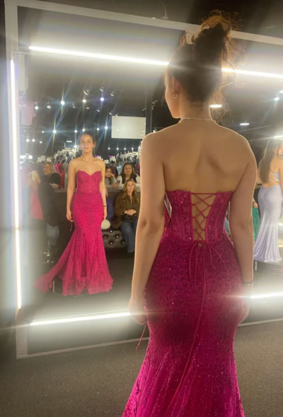 Hot Pink Mermaid Long Evening Dress With Lace