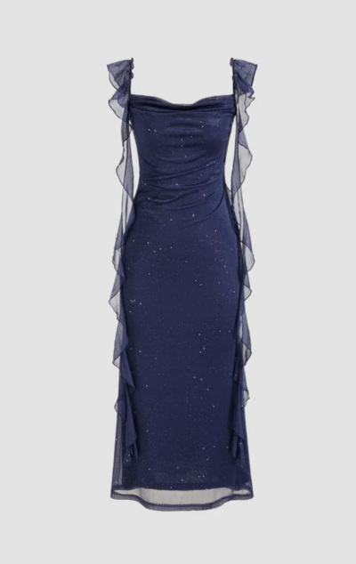 Simple Cowl Neck Sequin Ruffle Navy Blue Evening Dress