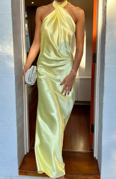 Halter Backless Yellow Long Prom Dress Wedding Guest Dress