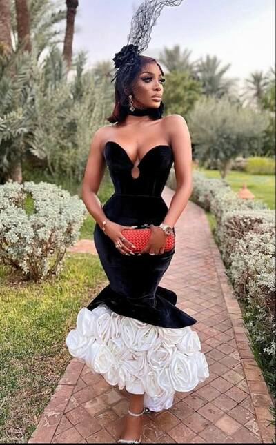 Black and White Mermaid Prom Dresses Handmade Flowers Evening Gowns Formal Party Gowns