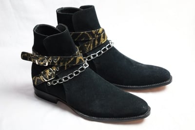 Crafted Leather Classic Black Suede Leather Ankle High Chain Buckle Boot