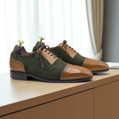 Men's Handmade Two Tone Cap Toe Leather Suede Lace Up Shoes