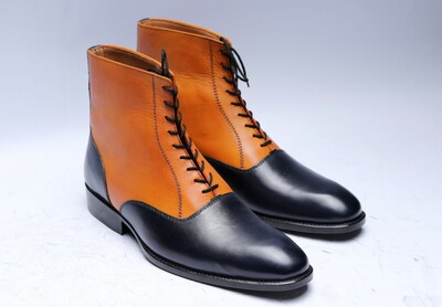 Crafted Leather Classic Men Black Tan Leather Ankle High Lace up Boot
