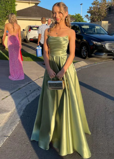 Strapless Sage Green Satin Pleated A-line Prom Dresses