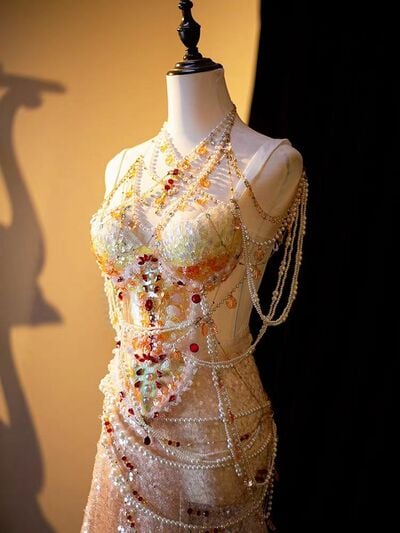 Pink Champagne Rhinestone Beading Gorgeous Stage Costumes