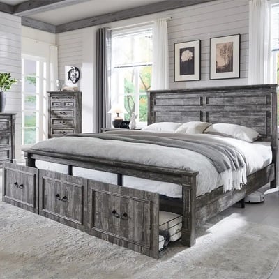 Farmhouse King/Queen/Full Size Bed Frame with Tall Headboard – Wood Platform with 3 Storage Drawers & Roman Column Footboard