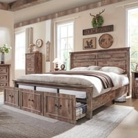 Farmhouse King/Queen/Full Size Bed Frame with Tall Headboard – Wood Platform with 3 Storage Drawers & Roman Column Footboard - Thumbnail 1